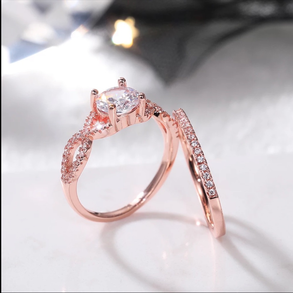 New Lovely 2 Pc Set Rose Gold Plated Diamond Ring - Picture 1 of 6